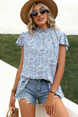 Ditsy Floral Mock Neck Short Sleeve T-Shirt - Flyclothing LLC