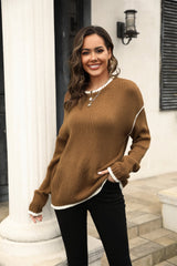 Round Neck Long Sleeve Waffle-Knit Sweater - Flyclothing LLC