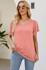 Smocked Round Neck Flutter Sleeve T-Shirt - Flyclothing LLC