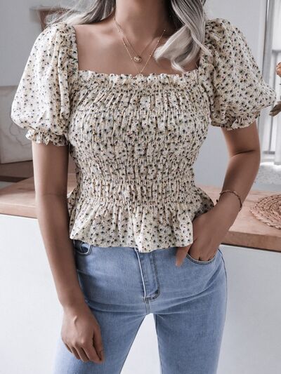 Frill Smocked Square Neck Short Sleeve Blouse - Flyclothing LLC