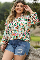 Plus Size Printed Ruffle Trim Long Sleeve Blouse - Flyclothing LLC