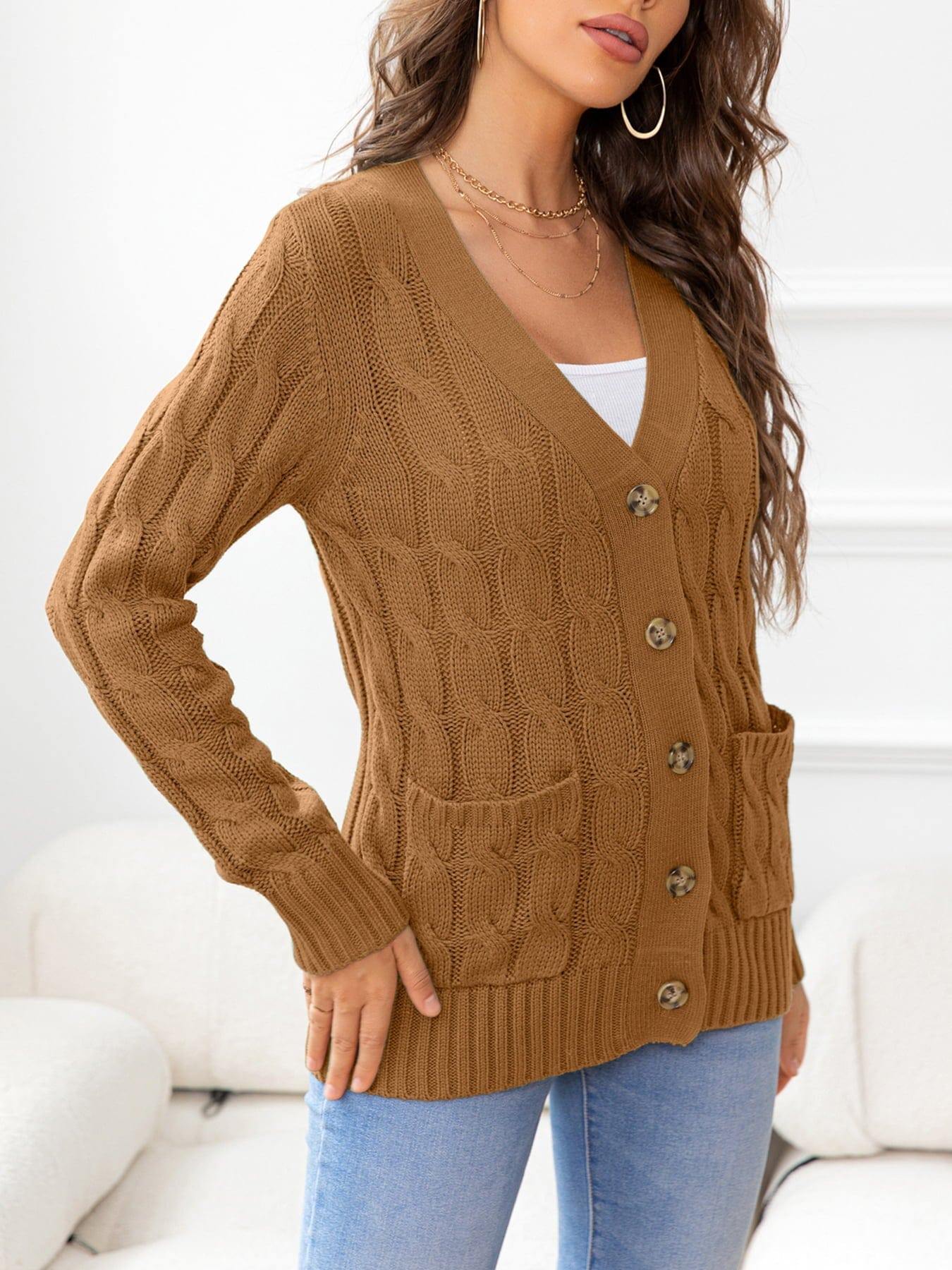 Button Down Cable-Knit Cardigan - Trendsi