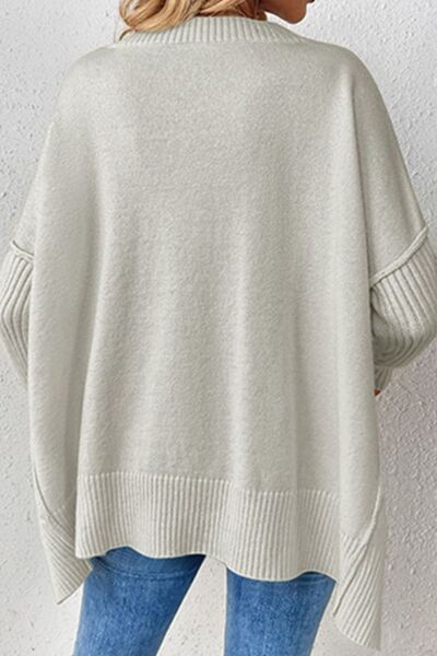 Slit V-Neck Dropped Shoulder Sweater - Flyclothing LLC