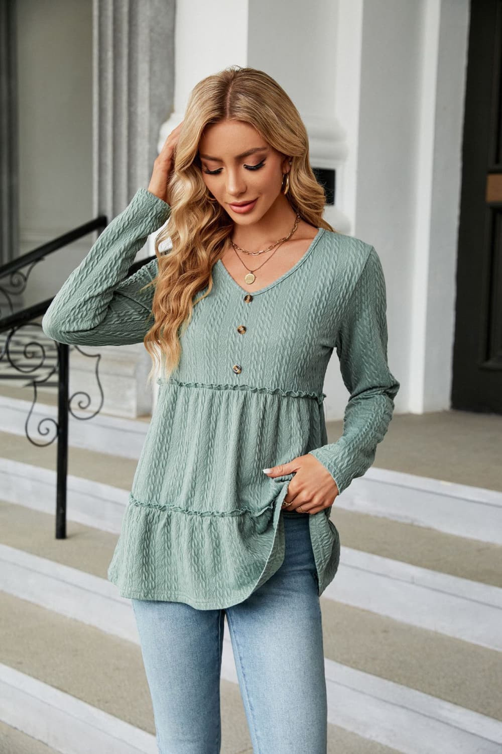 Long Sleeve V-Neck Cable-Knit Blouse - Flyclothing LLC