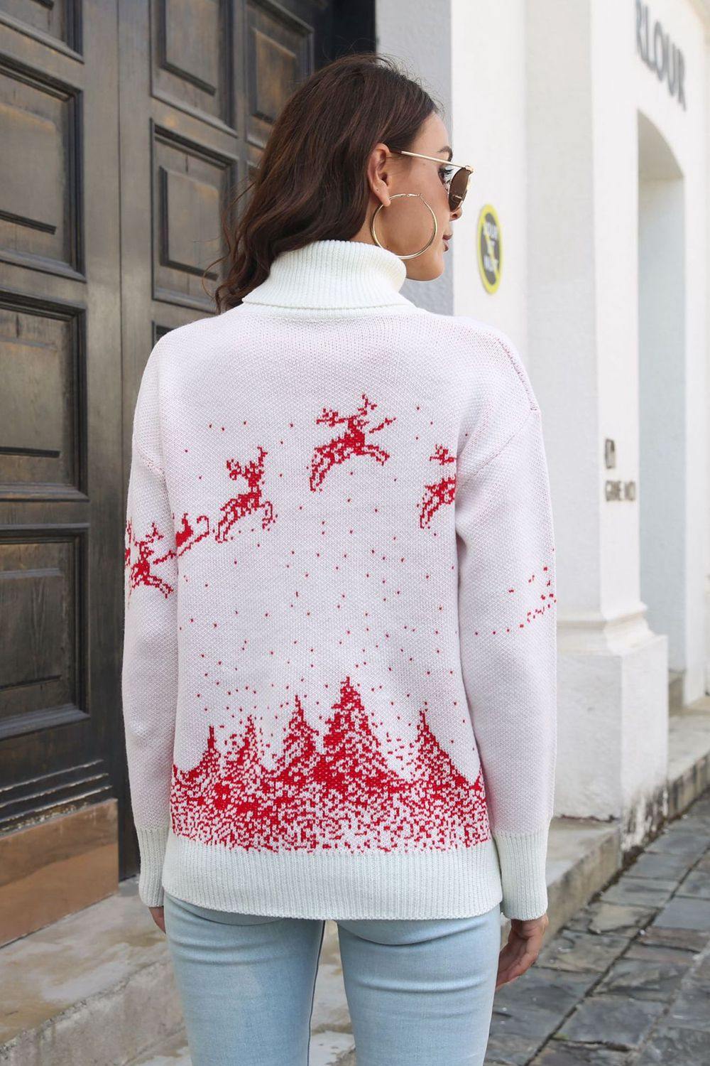 Reindeer & Snow Pattern Turtle Neck Pullover Sweater - Flyclothing LLC