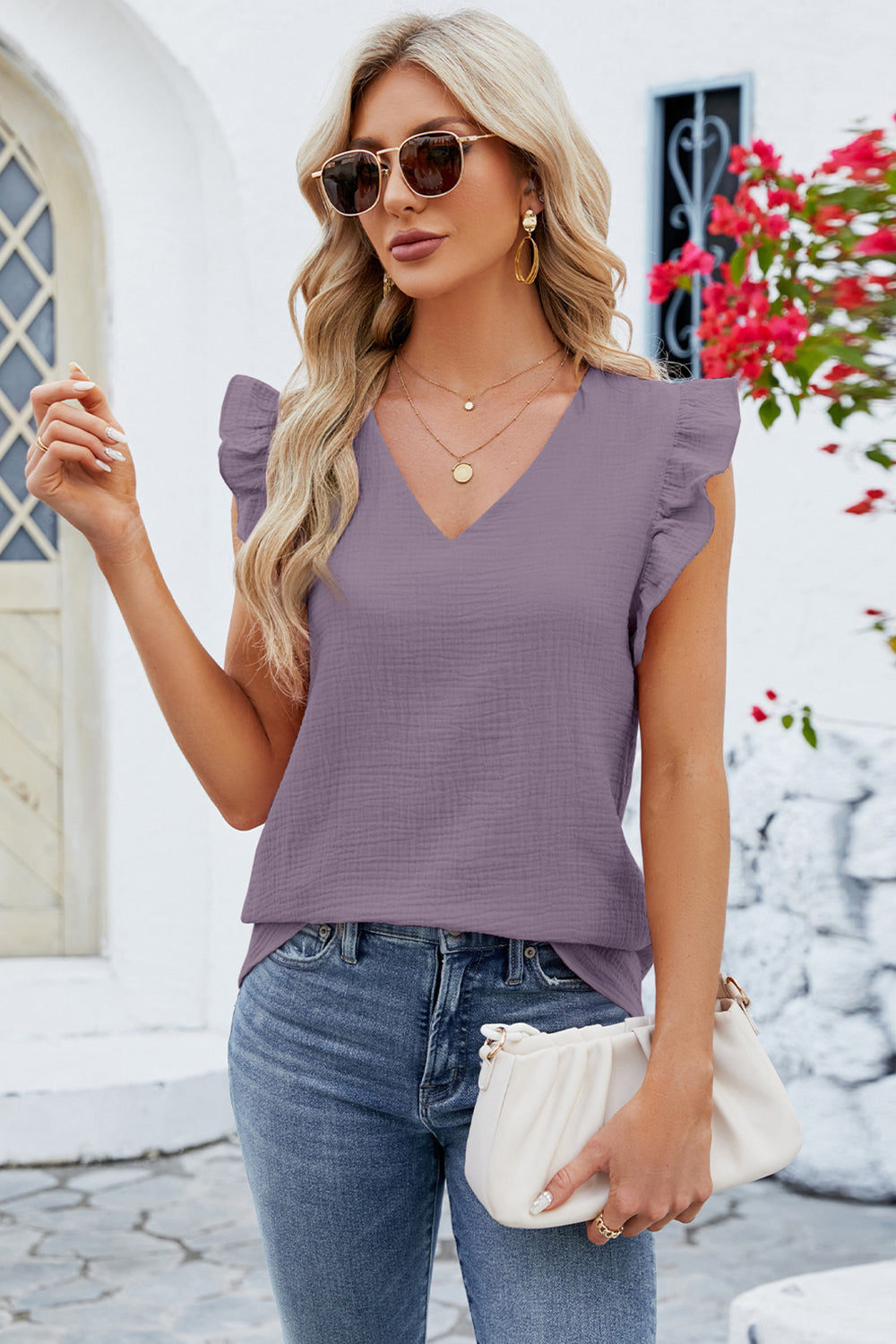 Ruffled V-Neck Cap Sleeve Blouse - Flyclothing LLC