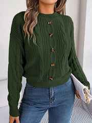 Cable-Knit Buttoned Round Neck Sweater - Flyclothing LLC