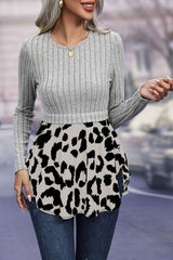 Leopard Peplum Round Neck Blouse - Trendsi