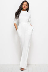 Mock Neck Tie-Waist Half Sleeve Jumpsuit - Flyclothing LLC