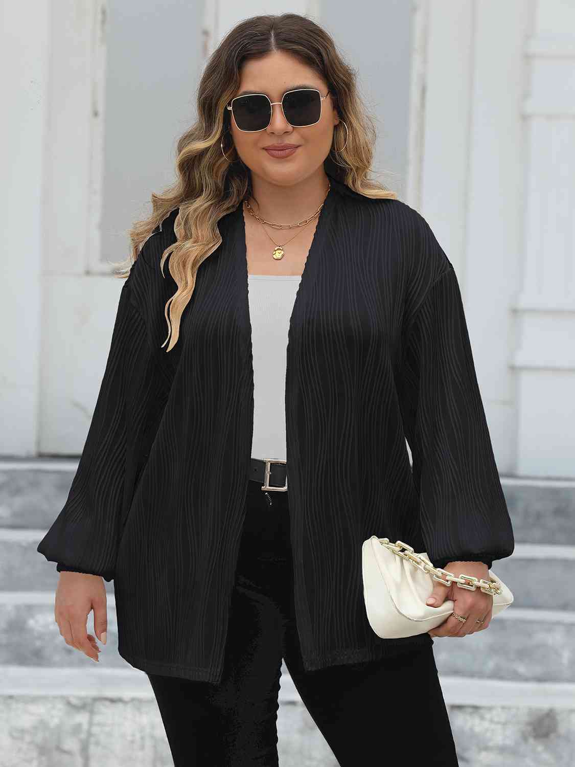 Plus Size Open Front Long Sleeve Cardigan - Flyclothing LLC