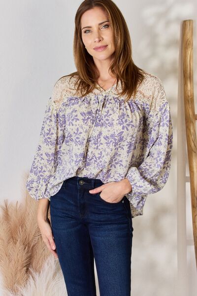 Hailey & Co Full Size Lace Detail Printed Blouse - Flyclothing LLC