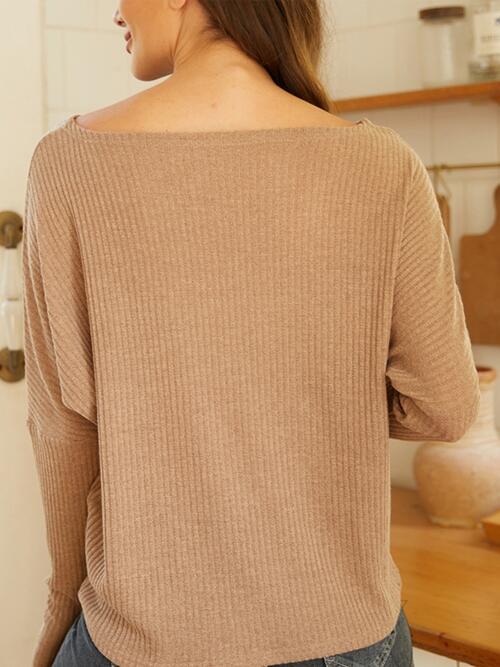 Ribbed Round Neck Long Sleeve Knit Top - Flyclothing LLC