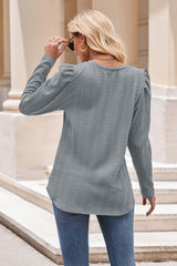 Round Neck Puff Sleeve Blouse - Flyclothing LLC