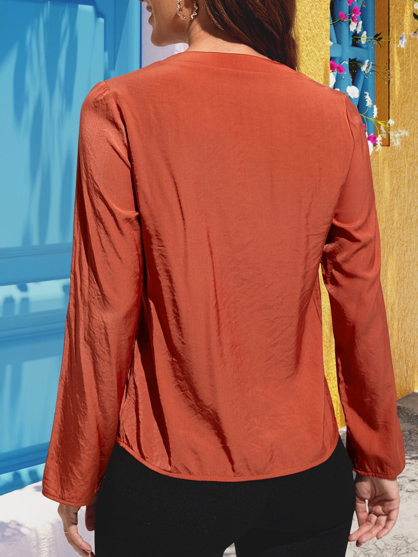 Notched Neck Long Sleeve Top - Flyclothing LLC