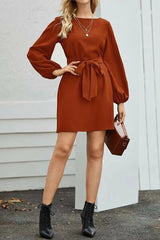 Tied Boat Neck Balloon Sleeve Mini Dress - Flyclothing LLC