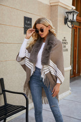 Striped Fringe Detail Long Sleeve Poncho - Flyclothing LLC