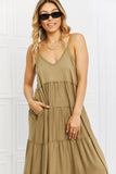 Zenana Full Size Spaghetti Strap Tiered Dress with Pockets in Khaki - Flyclothing LLC