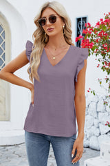 Ruffled V-Neck Cap Sleeve Blouse - Flyclothing LLC