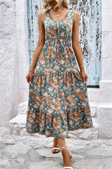 Floral V-Neck Tiered Sleeveless Dress - Flyclothing LLC