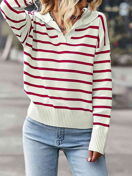 Striped Collared Neck Knit Top - Flyclothing LLC