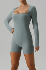 Square Neck Long Sleeve Active Romper - Flyclothing LLC