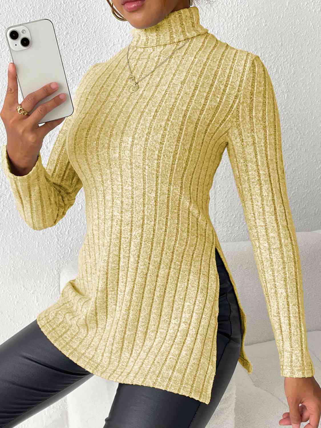 Ribbed Turtleneck Long Sleeve Slit T-Shirt - Flyclothing LLC