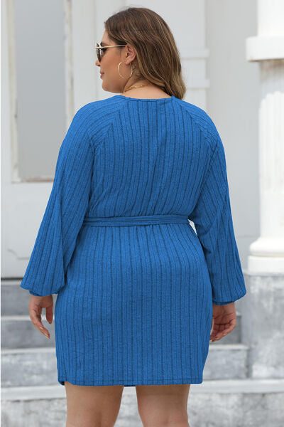 Plus Size Ribbed Tie Front Long Sleeve Sweater Dress - Flyclothing LLC