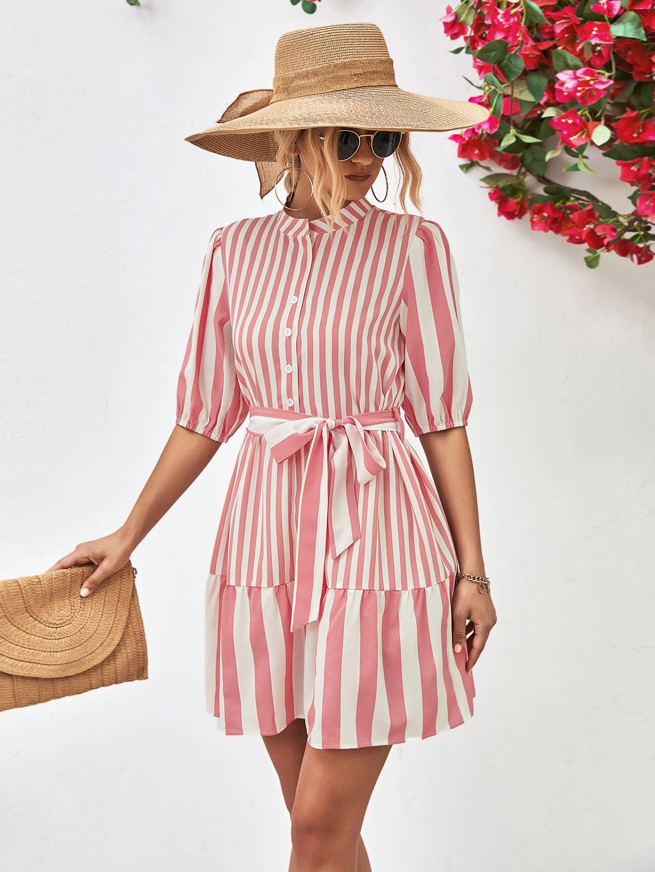 Striped Half Sleeve Tie Waist Mini Dress - Flyclothing LLC