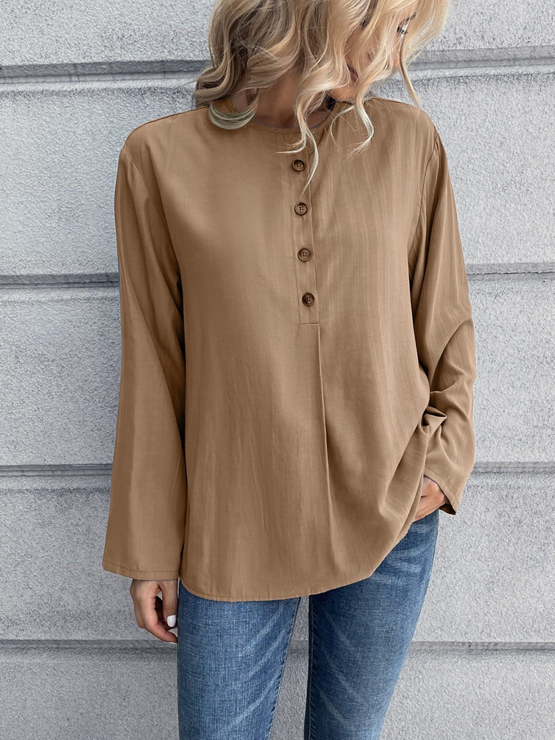 Half Button Long Sleeve Blouse - Flyclothing LLC