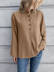 Half Button Long Sleeve Blouse - Flyclothing LLC