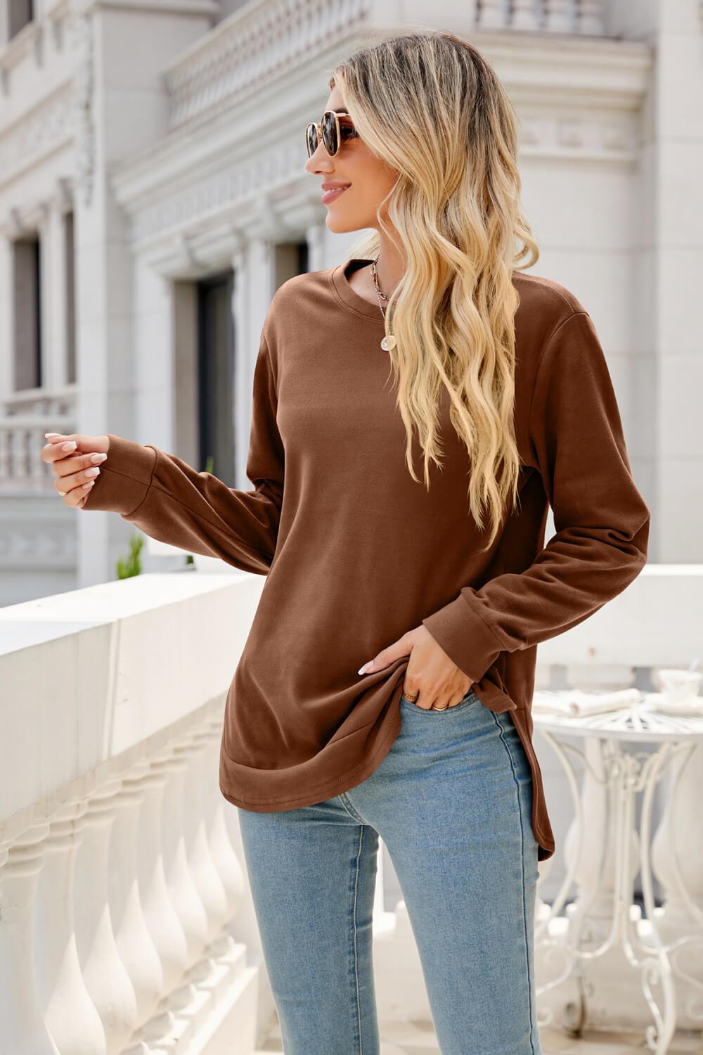 Round Neck Slit Tunic Top - Flyclothing LLC