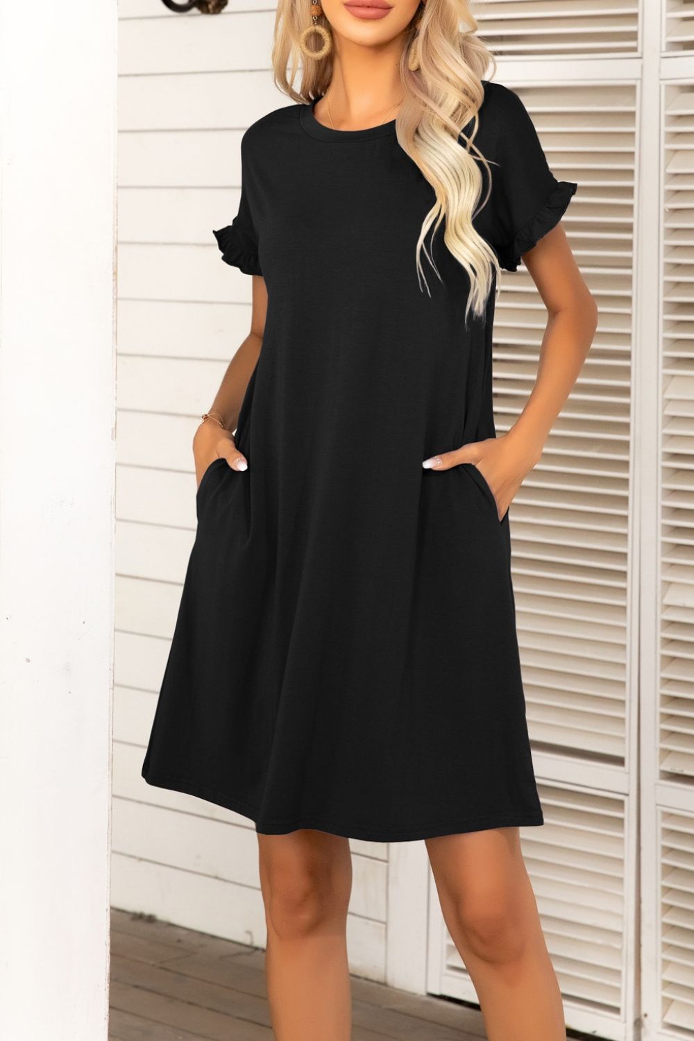 Flounce Sleeve Round Neck Dress with Pockets - Flyclothing LLC