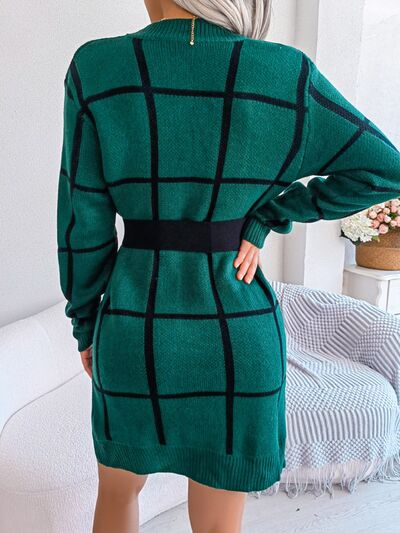 Plaid Round Neck Dropped Shoulder Sweater Dress - Flyclothing LLC