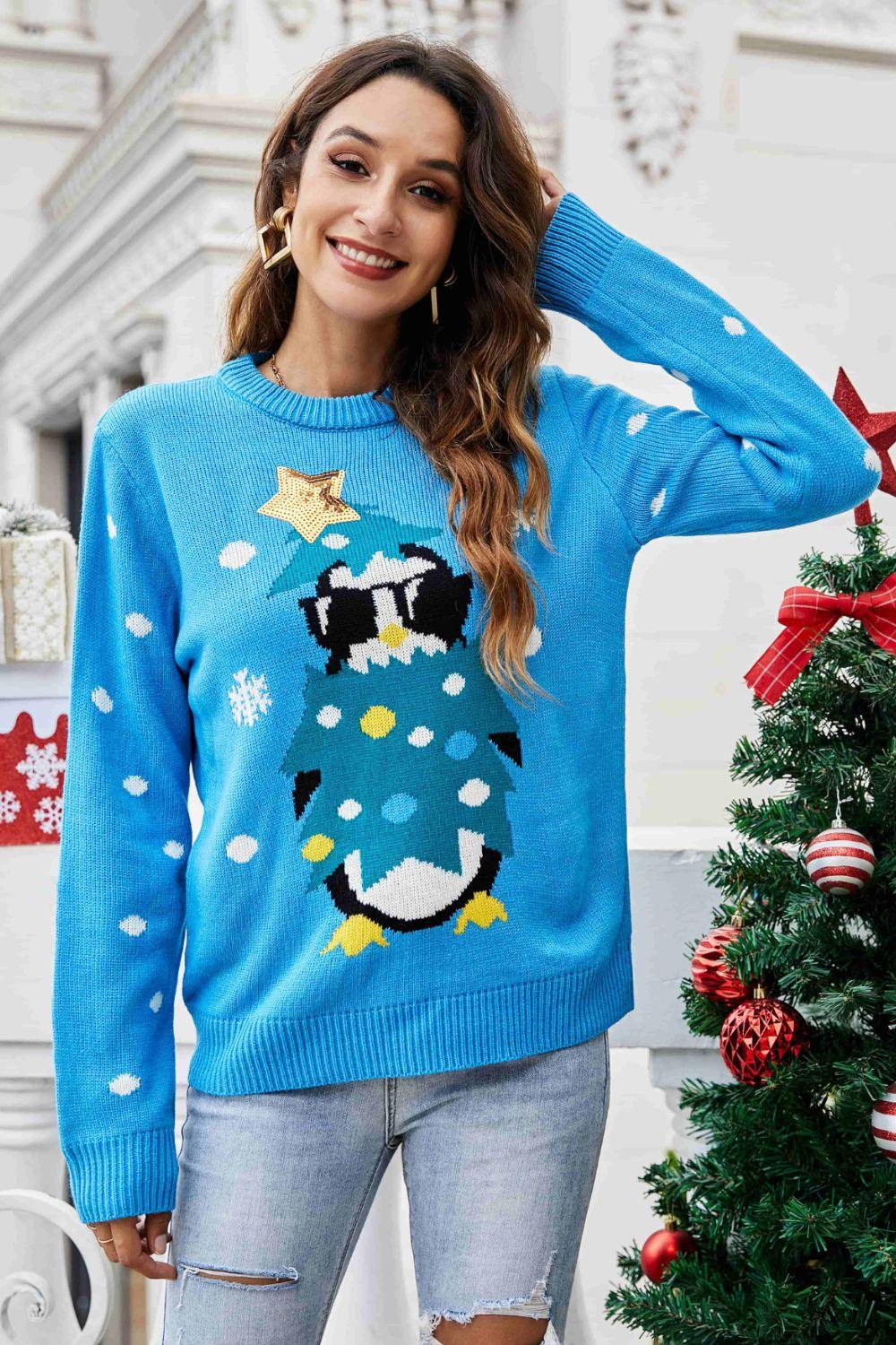 Christmas Penguin Graphic Sequin Sweater - Flyclothing LLC