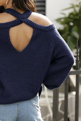 Ribbed Long Sleeve Cold Shoulder Knit Top - Flyclothing LLC