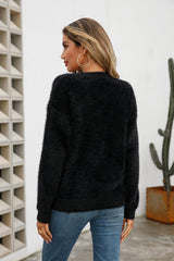 Dropped Shoulder Round Neck Fuzzy Sweater - Flyclothing LLC