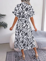 Printed Collared Neck Short Sleeve Tie Waist Dress - Flyclothing LLC