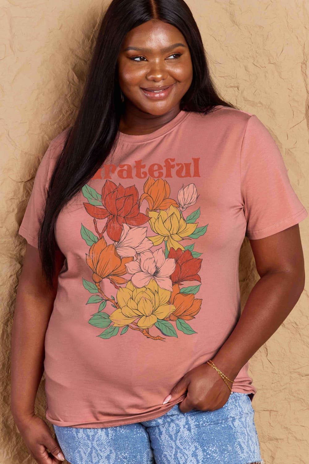 Simply Love Full Size GRATEFUL Flower Graphic Cotton T-Shirt - Flyclothing LLC