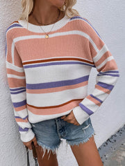 Striped Drop Shoulder Round Neck Pullover Sweater - Flyclothing LLC