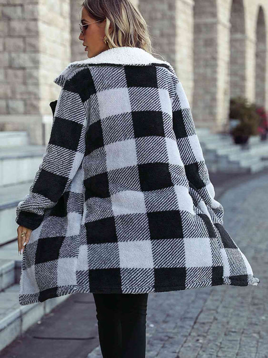 Plaid Open Front Coat with Pockets - Flyclothing LLC