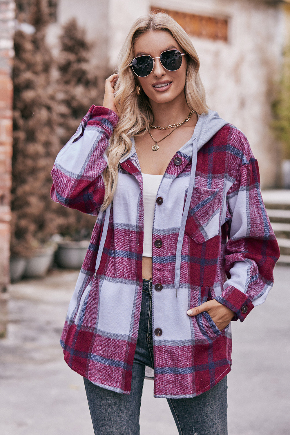 Plaid Dropped Shoulder Hooded Longline Jacket – Flyclothing LLC