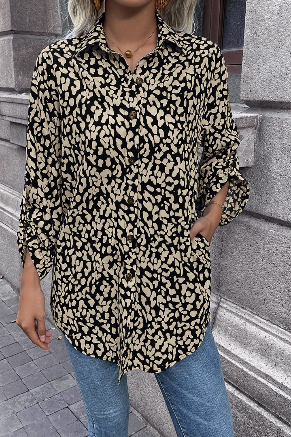 Leopard Roll-Tap Sleeve Shirt - Flyclothing LLC