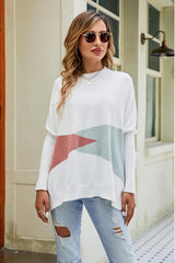 Color Block Round Neck Side Slit Sweater - Trendsi