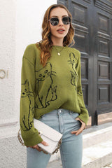 Cat Pattern Round Neck Long Sleeve Pullover Sweater - Flyclothing LLC