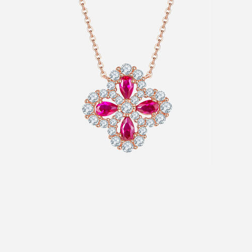 Lab-Grown Ruby 925 Sterling Silver Flower Shape Necklace - Flyclothing LLC