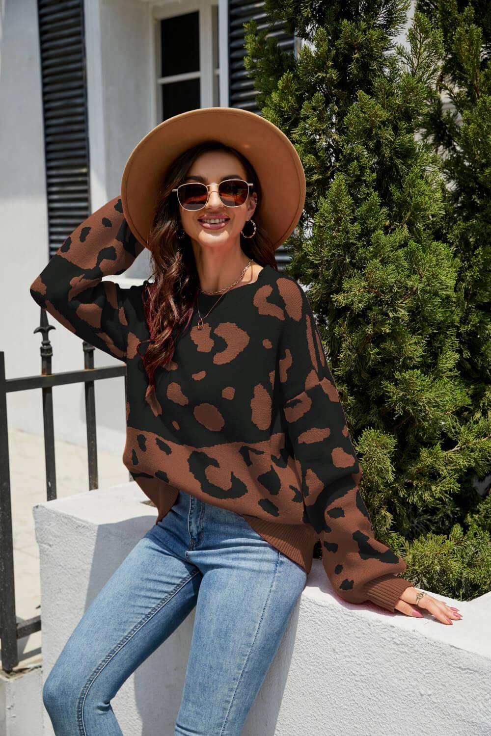 Leopard Ribbed Trim Dropped Shoulder Sweater - Trendsi