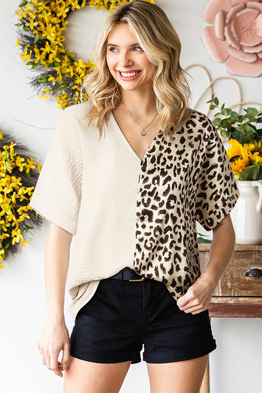 Leopard Color Block V-Neck Blouse - Flyclothing LLC