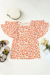 Floral Round Neck Flutter Sleeve Blouse - Flyclothing LLC