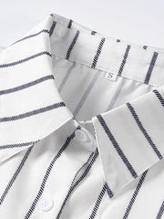 Striped Collared Neck Lantern Sleeve Shirt - Flyclothing LLC