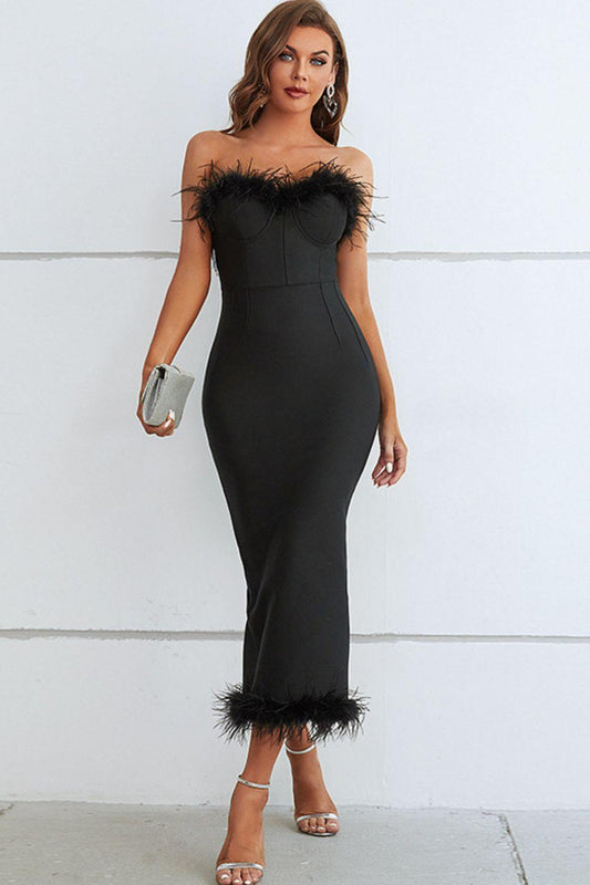 Feather Trim Strapless Sweetheart Neck Dress - Flyclothing LLC